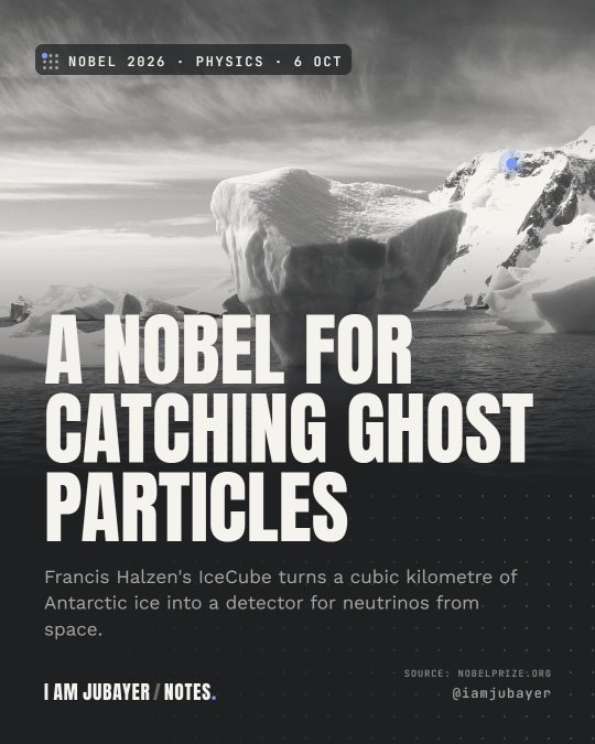 An iceberg floating in Antarctic water under a blue sky, in black and white tones, with the headline: A Nobel for catching ghost particles.