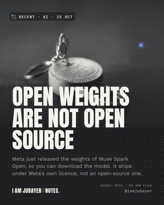 A brass padlock standing open beside a small key, in black and white tones, with the headline: Open weights are not open source.