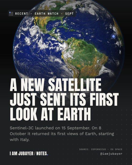 The Earth seen from space with the Americas visible under white clouds, with the headline: A new satellite just sent its first look at Earth.