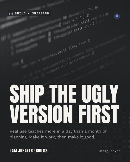 Blurred lines of code on a dark screen in black and white tones, with the headline: Ship the ugly version first.